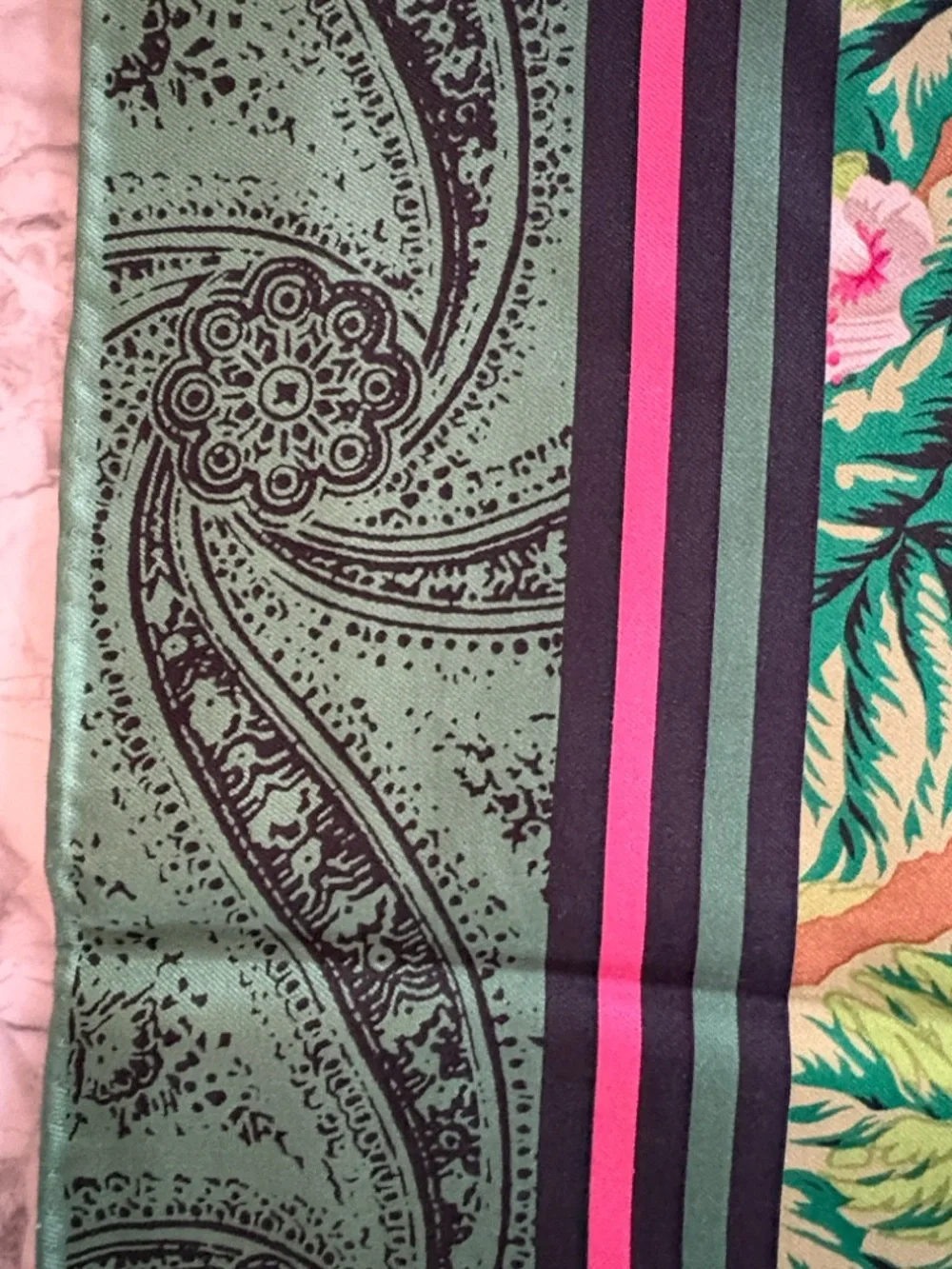 Vintage Oscar de la Renta Floral Green and Pink Silk Square Scarf